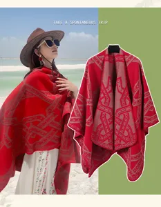 Boheemse geometrische gestreepte poncho winter warme vrouwen sjaal cape reizen foto winddichte jas