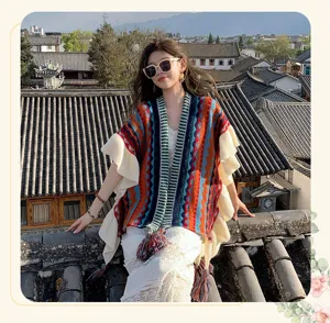 Bohemian rainbow striped knit shawl with ruffled edge, versatile warm cape poncho for women