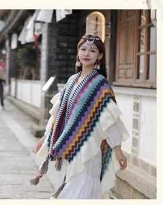 Bohemian rainbow knit shawl poncho with ruffles and fringe for women travel wear warm