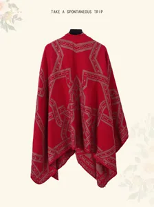 Dames winter warm rode geometrisch gebreide poncho sjaal, dikke gezellige cape voor reizen buiten.