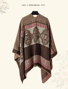 Bohemian knitted cape shawl for women winter warm ethnic patterned poncho cloak outerwear.
