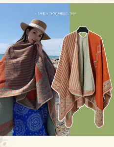 Capa chal abierta de punto bohemio, poncho cálido y grueso para viajes de invierno.