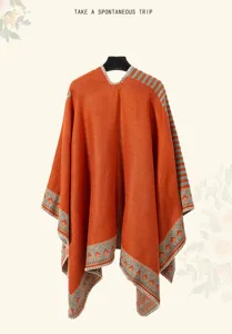 Bohemian knitted orange thickened warm shawl poncho cape for travel and outdoor windproof.