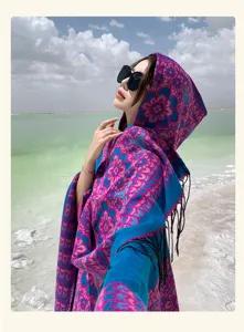 Cape à capuche imitation cachemire avec franges et motif floral, poncho chaud d'extérieur.