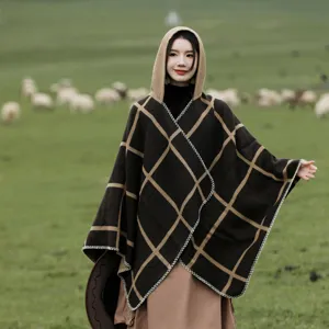 Mantello con Cappuccio a Quadri in Stile Etnico Donna Autunno Inverno Poncho Caldo Ispessito Scialle Sciarpa Avvolgente per Viaggi