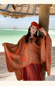 Etnische geometrische gebreide sjaal poncho cape voor dames warme winter reisoutfit