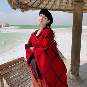 Donna quadri mantella scialle coperta accogliente caldo viaggio esterno moda elegante