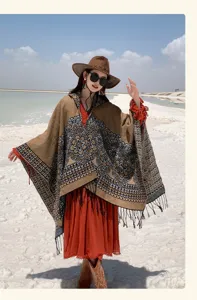 Poncho châle imitation cachemire à capuche, style ethnique boho cape chaude épaisse.