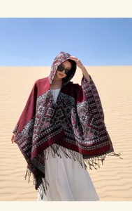 Femmes capuche toucher cachemire frange poncho ethnique floral motif cape hiver chaud châle