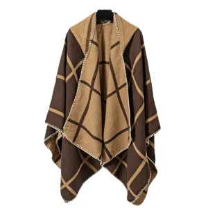 Donna Vintage Blocco Colore Quadrato Mantello Sciarpa Caldo Accogliente Inverno Coperta