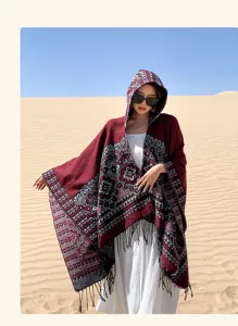 Femme capuche frange poncho vintage floral imitation cachemire chaud manteau d'hiver