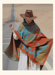 Capa poncho punto colorblock bohemio cálido grueso viaje desierto mujer prenda abrigo