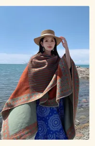 Bohemian thickened warm poncho shawl, orange geometric patterned travel cape for outdoor.