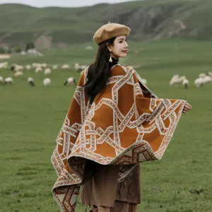Boho bruine geometrische gestreepte winter warme dikke sjaal reisfoto winddichte cape dames