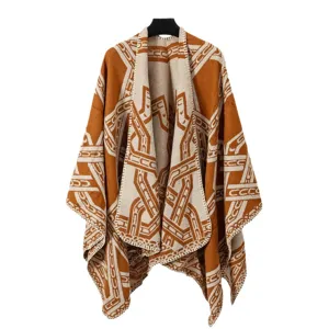 Boheemse bruine geometrisch gestreepte warme winter sjaal cape voor vrouwen mode reis