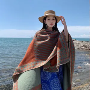 Bohemian split shawl cape orange graffiti thickened warm travel windproof wrap for women