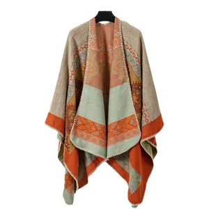 Chal poncho bohemio abierto al frente, capa geométrica étnica gruesa para viajes de invierno.