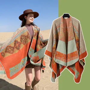 Bohemian ethnic geometric print slit poncho, orange warm travel cape and windproof cloak.