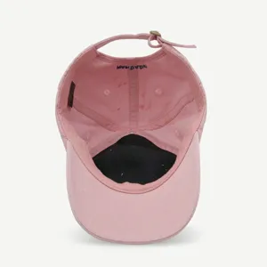 Detaillierte Ansicht des inneren rosa Baseballcaps, zeigt verstellbaren Riemen und Nähte deutlich.