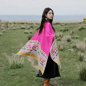 Manto poncho in stile etnico con effetto cashmere morbido caldo invernale da viaggio donna