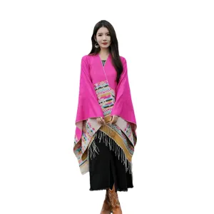 Donna inverno imitazione cashmere colorblock scialle etnico mantella poncho da viaggio