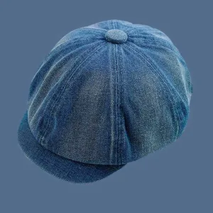 Vintage gewaschene Denim Newsboy Mütze Damen Frühling Herbst schick lässig Retro Baretthut