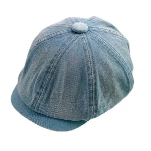 Vintage gewaschene Denim AchtkANTmütze für Damen, lässige Retro Bakerboy Mütze, Frühling.