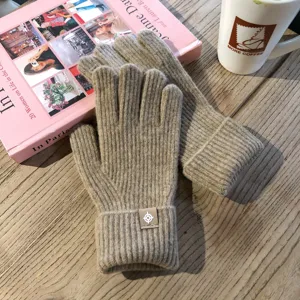 Einfarbige warme Strickhandschuhe für Damen im Winter mit Touchscreen Fünffinger Design