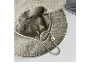 Khaki outdoor bucket hat with adjustable chin strap, sun protection fisherman hat for hiking.