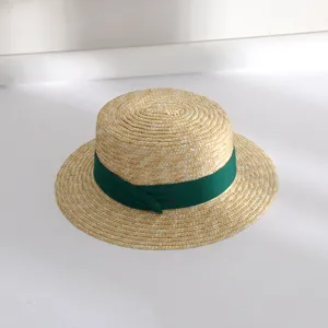 Damen Sommer Strohhut flacher Deckel Strand Sonnenschutz breite Krempe mit grünem Band