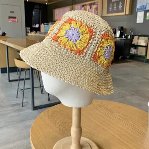 Damen Häkel Strohhut bunte Granny Square Blumen Sonnenhut Sommer Strand Urlaub Fischerhut