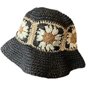 Damen Sommer Häkel Fischerhut mit floralem Granny Square Muster, atmungsaktiver Sonnenhut.