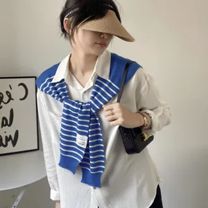 Blue and white striped knitted shawl detail, stylish women's neck cover and layering top.
