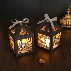 Boîte lanterne creuse en papier à thème musical avec ruban et lumière LED chaude