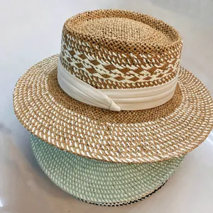 Chapeau de Paille de Raphia Élégant Français pour Femmes Toit Plat Grand Bord Protection Solaire Chapeau de Plage Rétro Britannique