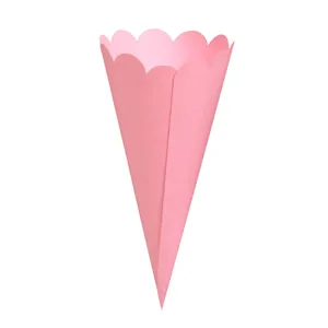 Pink paper cone detail shot for wedding confetti, floral petal holder, elegant scalloped edge.