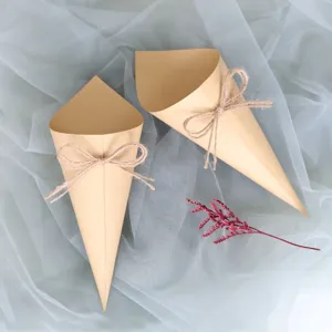 Kraft paper confetti cones with twine bow for wedding party celebration DIY crafts details.