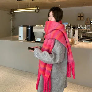Sciarpa Vintage Sfumata a Blocchi di Colore Con Nappe da Donna Invernale Calda Simil Cachemire Scialle in Maglia di Acrilico