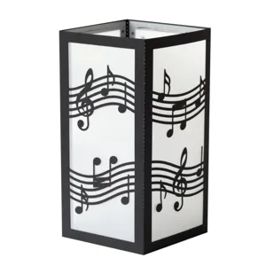 Detailed view of black laser cut paper music note lamp shade, elegant musical pattern design.