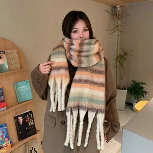 Sciarpa invernale a righe accogliente da donna scialle caldo con frange spesse elegante
