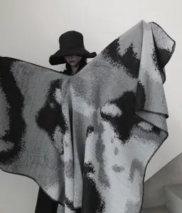 Scialle in finto cashmere nero e grigio tie-dye da donna, mantella invernale calda.