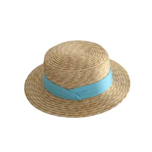 Damen Sommer Strohhut Stroh Boater Hat mit hellblauem Band, breiter Rand Sonnenschutz Hut.