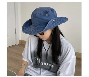 Blue denim bucket hat detail view, retro outdoor hiking sun protection hat for men and women.