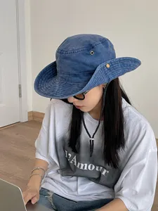 Vintage Washed Denim Western Cowboy Hat For Men Women Outdoor Hiking Fishing Sun Protection Wide Brim Bucket Hat With Windproof Rope