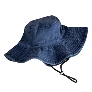 Vintage denim bucket hat for men and women, wide brim outdoor sun protection fishing cap.