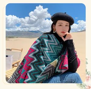 Bohemian geometric wave pattern split cape, thickened warm imitation cashmere shawl for travel.