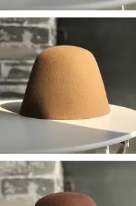 Close-up detail of stylish brown wool felt cloche hat, autumn and winter fashion accessory.