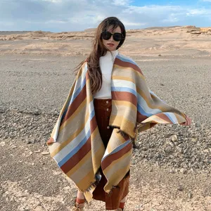 Women ethnic stripe split shawl poncho cozy cashmere-feel winter travel outdoor wrap
