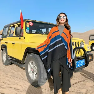 Women's autumn winter colorblock tassel poncho cloak, warm ethnic style cashmere-feel cape.
