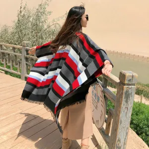 Womens autumn winter ethnic style poncho shawl, cozy colorblock striped cape with fringe details.